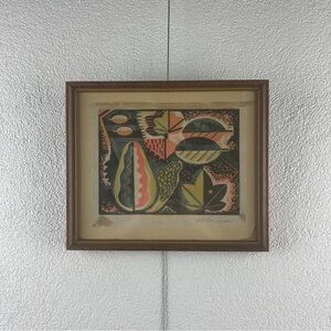 Vintage l 40s Mid-Century Wood Block Printed Leaves Avocado Fruit Framed Artwork